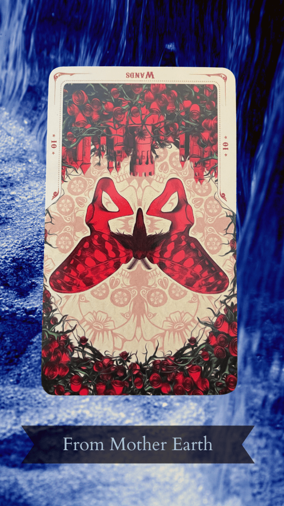 Ten of Wands tarot card reversed, depicting a red moth flying over a red castle overgrown with roses. Roses border the image. All set against a background of blue, flowing water.
