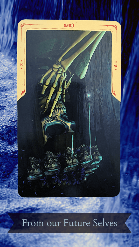 eight of cups tarot card reversed, depicting a skeleton wearing a crown of cups, some of which are spilling as the face leans forward in contemplation. All set against a background of blue, flowing water.