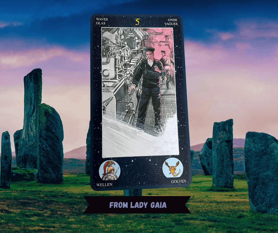 Background of standing stones on a field of green with purple skies and mountains in back. 

Card in center shows an illustration of a seaman from the 1940's in an engine room wiht water rushing in. 