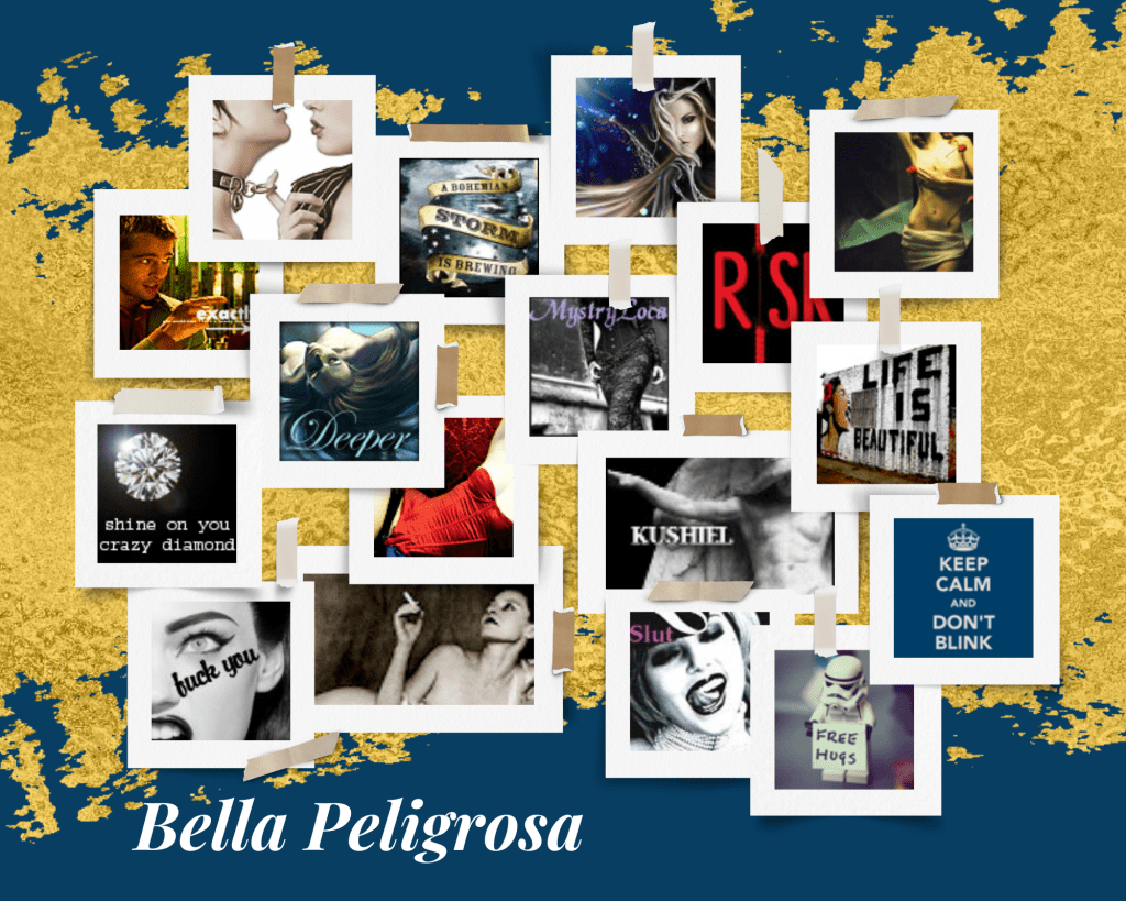 Dark teal background with a splash of gold across the center with polaroid type user pics taped to the background with the words "Bella Peligrosa" across the bottom. 