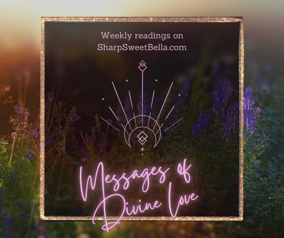 Background of sunlit flowers with gold frame in front with pink writing that states, "Weekly readings on SharpSweetBella.com" on top of frame  and "Messages of Divine Love" in neon cursive on bottom with emblem resembling a starburst in the center. 