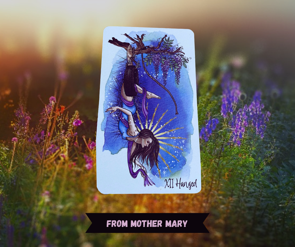 Background of sunlit flowers with The Hanged Man tarot card in front of it. Card depicts a woman hanging from a branch by a ribbon tied to her foot with rays of gold coming from her head. Words "From Mother Mary" in pink over a black ribbon. 
